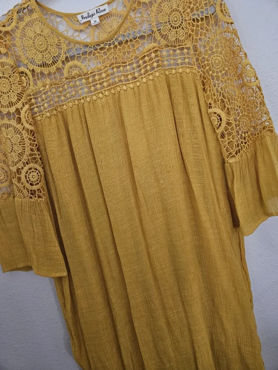 Indigo Rose Mustard Yellow Boho Crochet Lace Mini Dress | Bell Sleeve Bohemian M - Picture 2 of 10